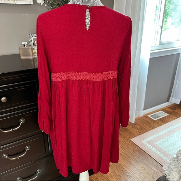 Suzanne Betro Boho Lace Trim Dress Red Textured Long Sleeve Size Large - Picture 4 of 15